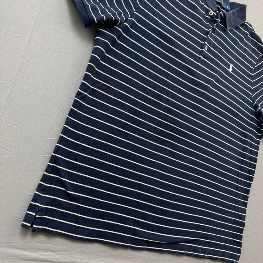 Polo Ralph Lauren Mens XL Navy Blue White Striped Stretch Mesh Polo Shirt Logo
